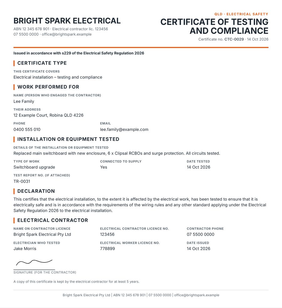 A certificate of testing and compliance with company logo, customer details, declaration and signature