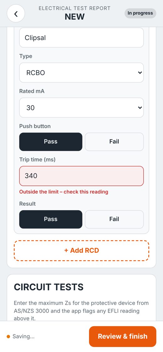 A test report on a phone with a 340 millisecond RCD trip time highlighted in red